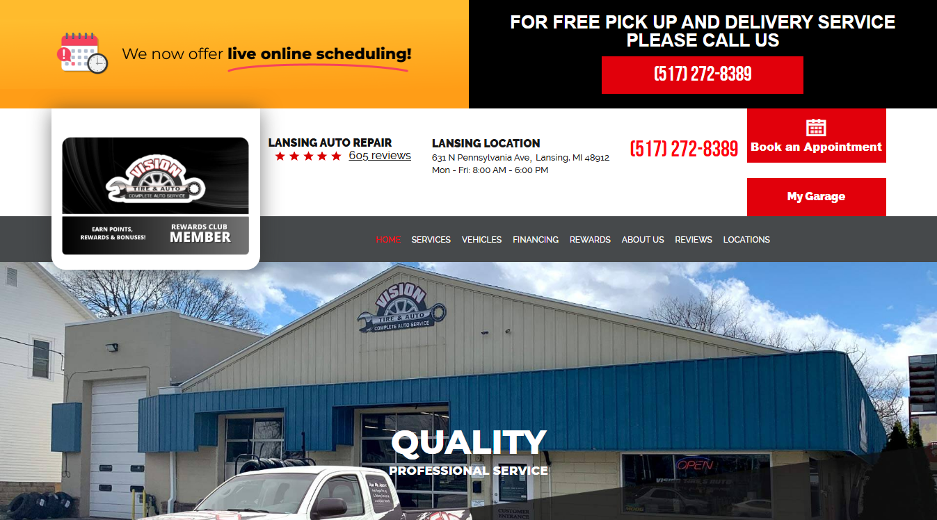 Website screenshot for Vision Tire and Auto