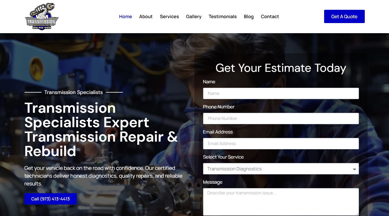 Website screenshot for VJM TRANSMISSION