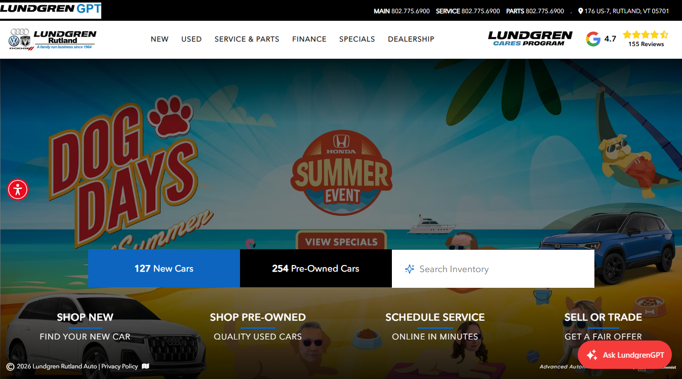 Website screenshot for Volkswagen of Rutland