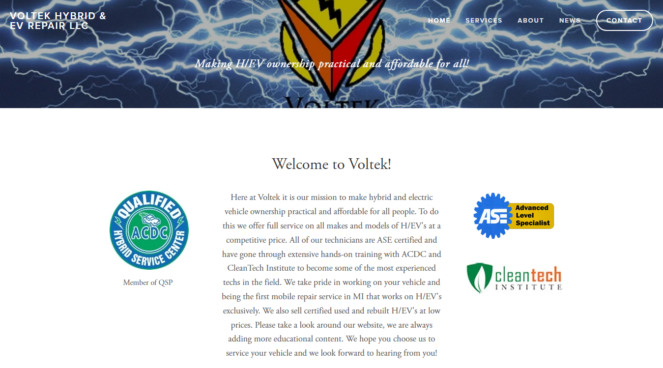 Screenshot of Voltek Hybrid & EV Repair LLC