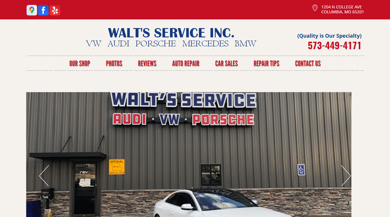 Website screenshot for Walt’s Service Inc.
