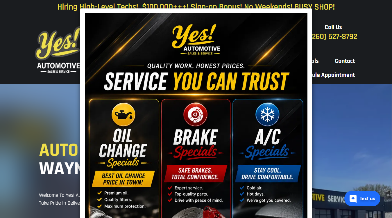 Website screenshot for Yes! Automotive Service
