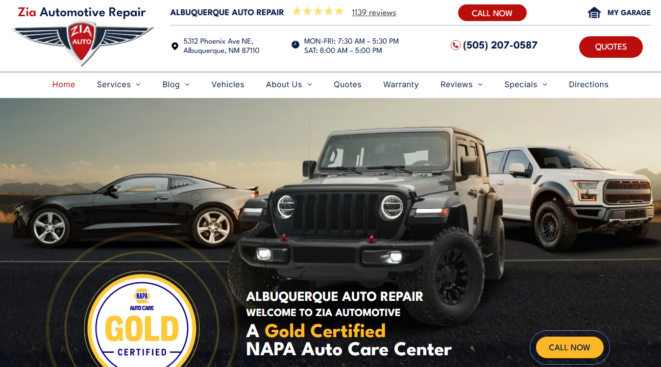 Website screenshot for Zia Automotive Repair